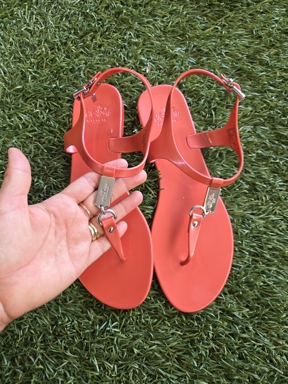 Coach Red T-Strap Jelly Sandals with Silver Hardware